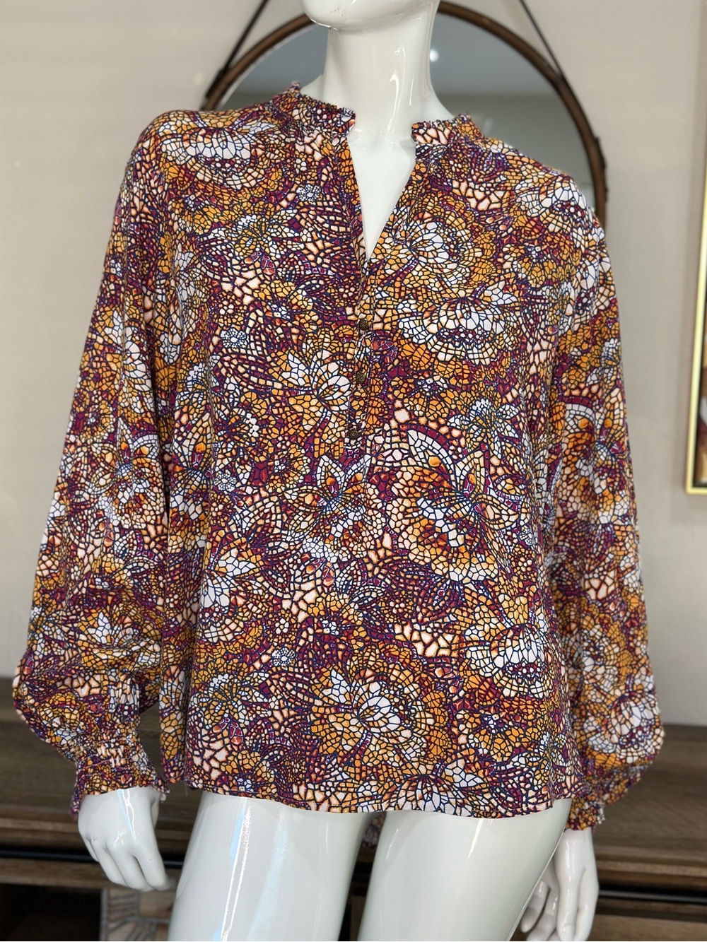 Anthropologie Mosaic Floral Split-Neck Blouse - Purple & Gold Sz XL